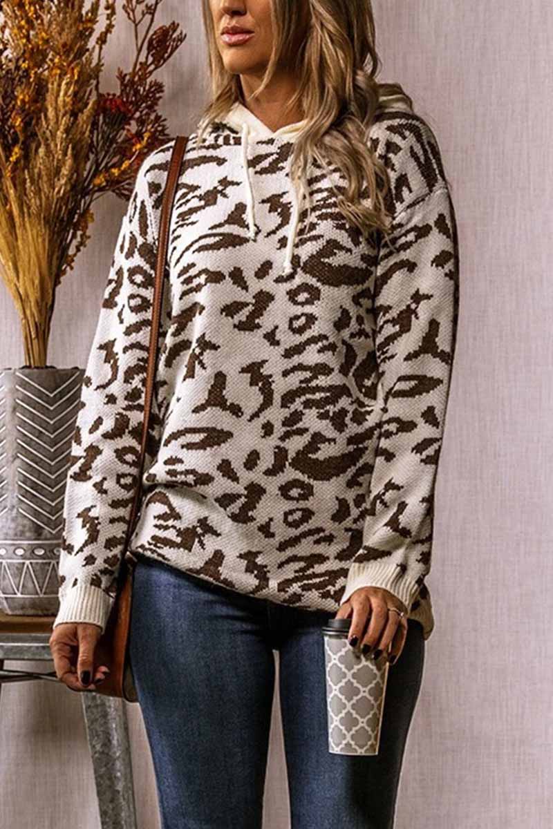 Leopard Knit Drawstring Hood Tops