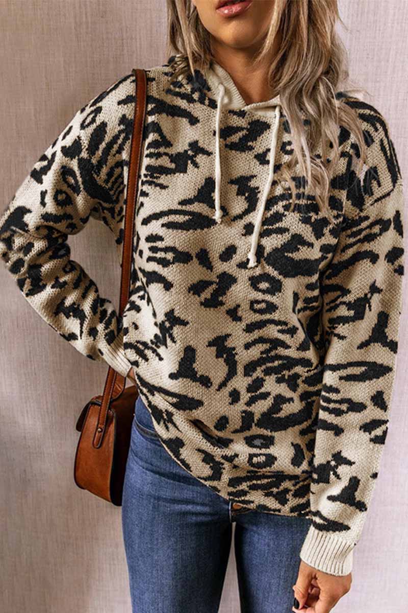 Leopard Knit Drawstring Hood Tops