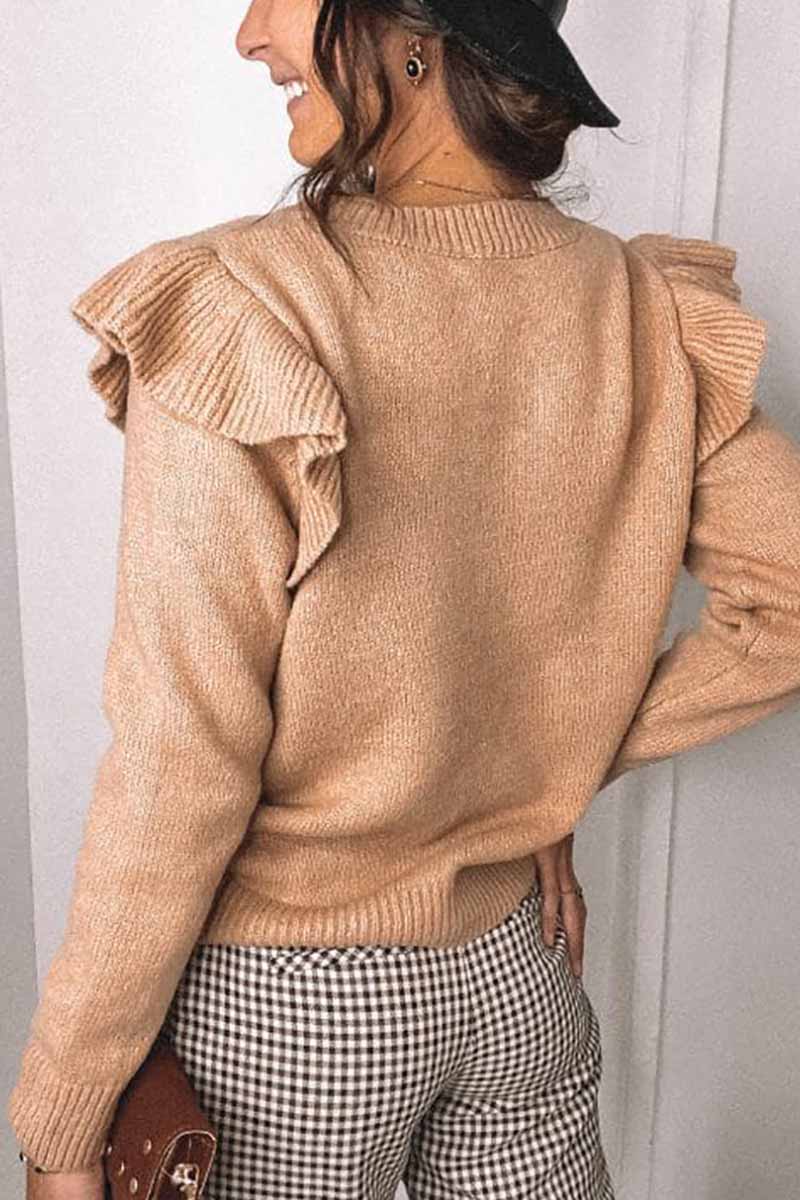 Solid Color Ruffle Knitted Sweater