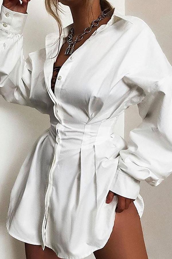 V-neck Pleated Waist Sexy Shirt Dress