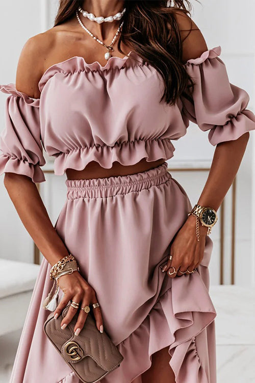 Flounce Off Shoulder Crop Irregularity Skirt Set