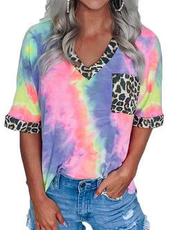 Tie-dye Leopard Stitching Pocket T-shirt