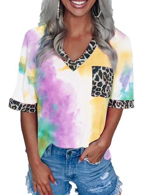 Tie-dye Leopard Stitching Pocket T-shirt