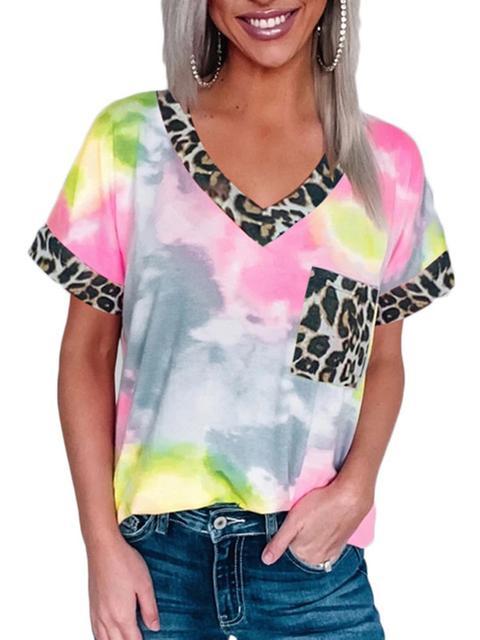 Tie-dye Leopard Stitching Pocket T-shirt