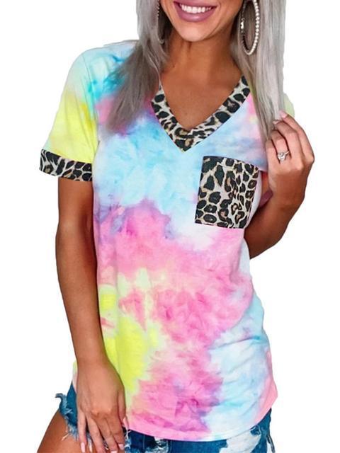 Tie-dye Leopard Stitching Pocket T-shirt