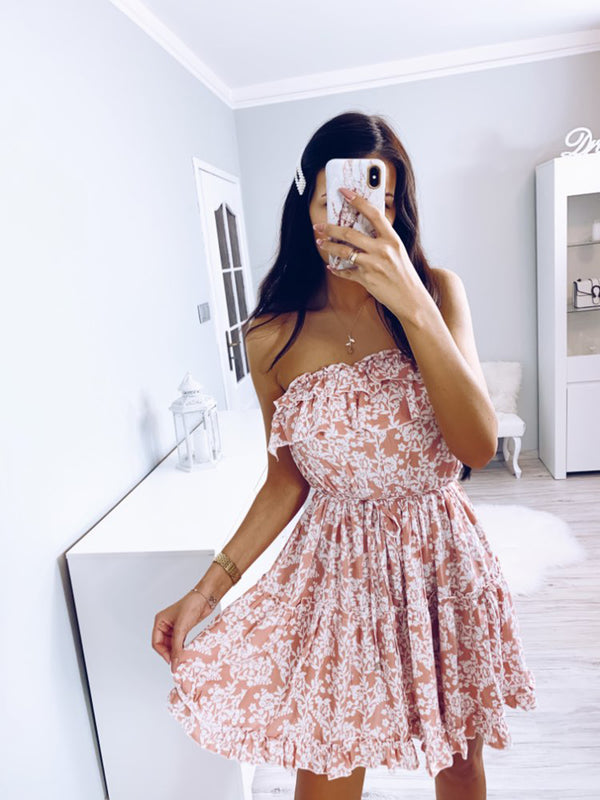 Off Shoulder Chest Wrap Floral Ruffle Mini Dress