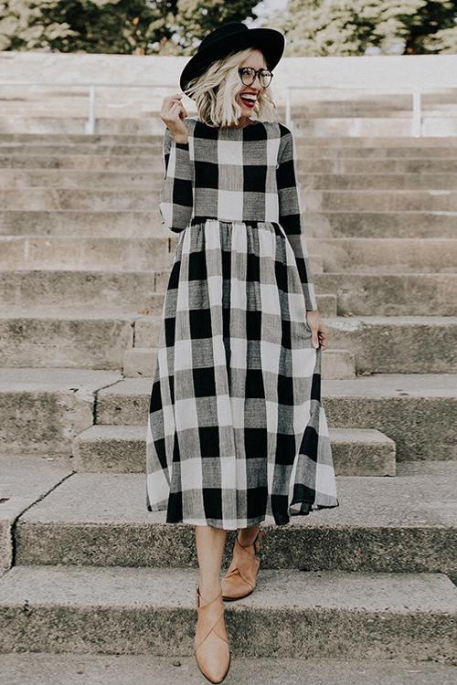 Countryside Vibe Tartan Long Sleeve Maxi Dress