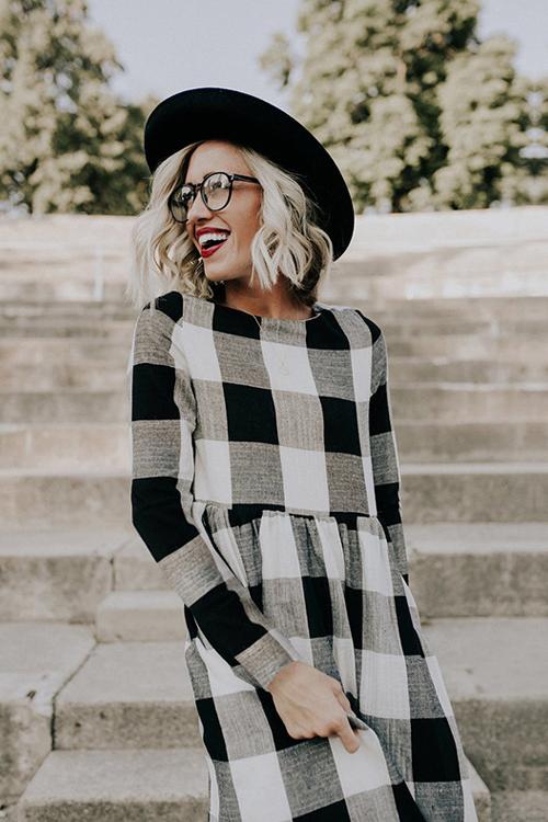 Countryside Vibe Tartan Long Sleeve Maxi Dress