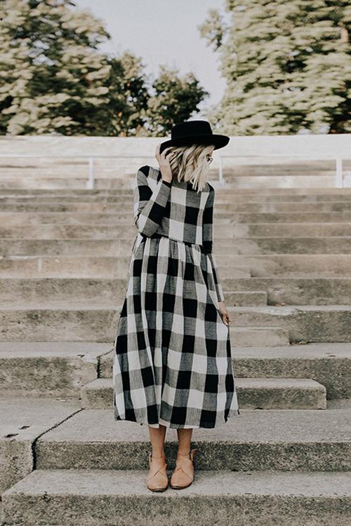 Countryside Vibe Tartan Long Sleeve Maxi Dress