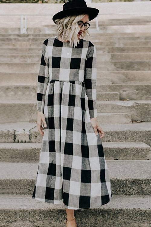 Countryside Vibe Tartan Long Sleeve Maxi Dress