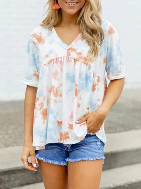 V-neck Tie Dye Print Back Straps Tops