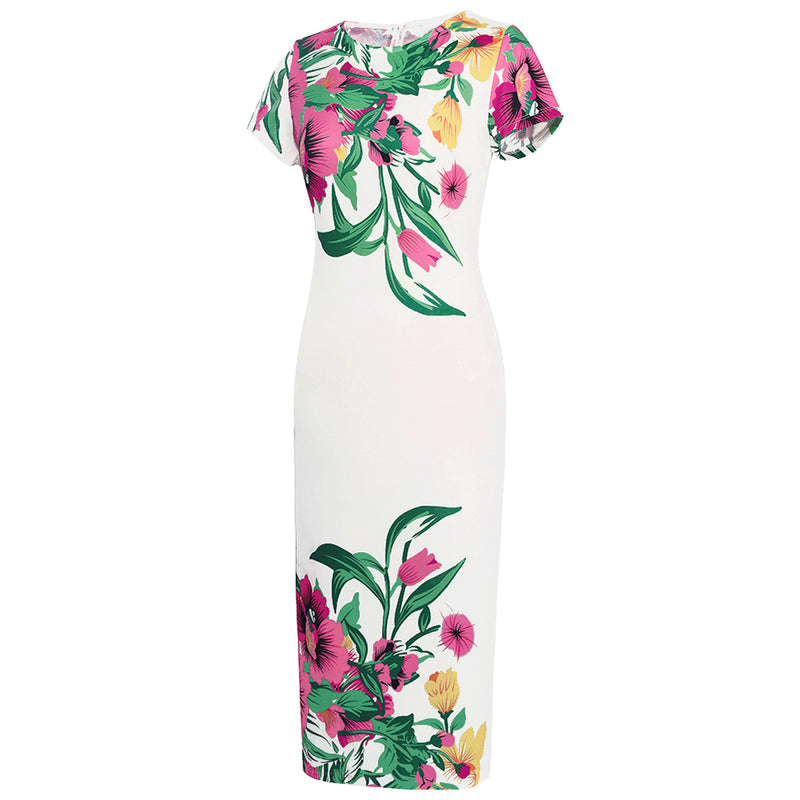 Round Neck Short Sleeve Floral Midi Dress