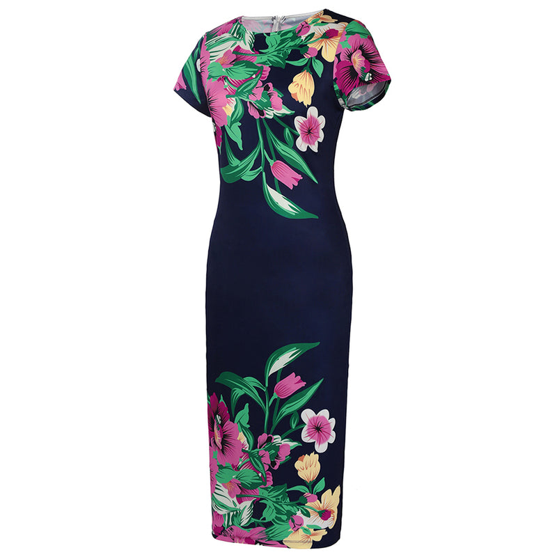 Round Neck Short Sleeve Floral Midi Dress