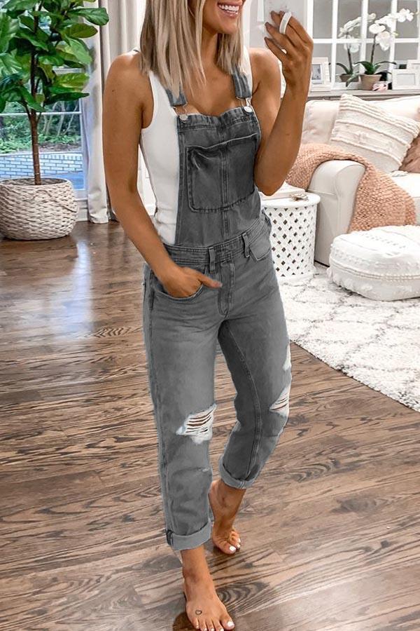 Blue Casual Plain Denim Ripped Jumpsuit