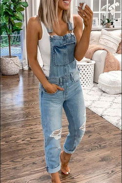 Blue Casual Plain Denim Ripped Jumpsuit