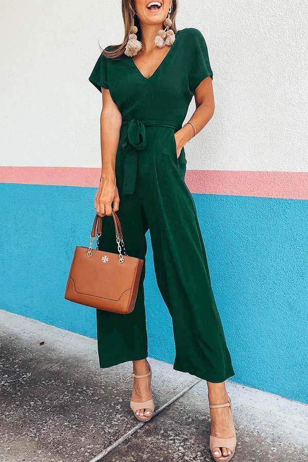 V-Neck Solid Color Waistband Jumpsuit