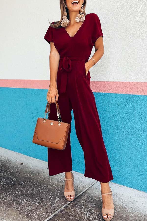 V-Neck Solid Color Waistband Jumpsuit