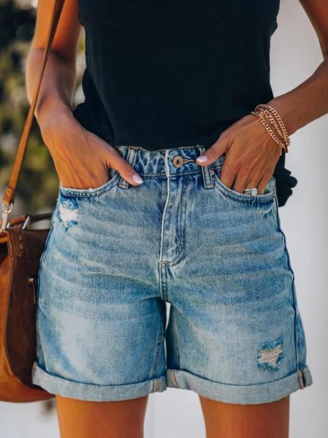 Washed Crim Hole Denim Shorts