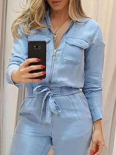 Women's Jumpsuits Zip Elastic Waist Long Sleeve Jumpsuit