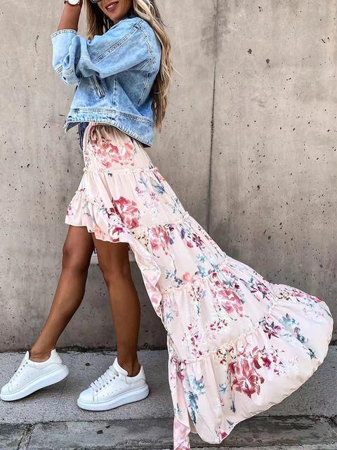 Casual Floral Print Asymmetrical Hem Skirt