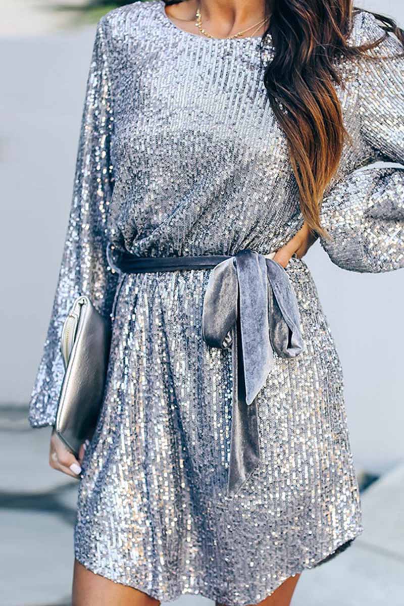 Round Neck Lamp Basket Sleeve Sequins Mini Dress