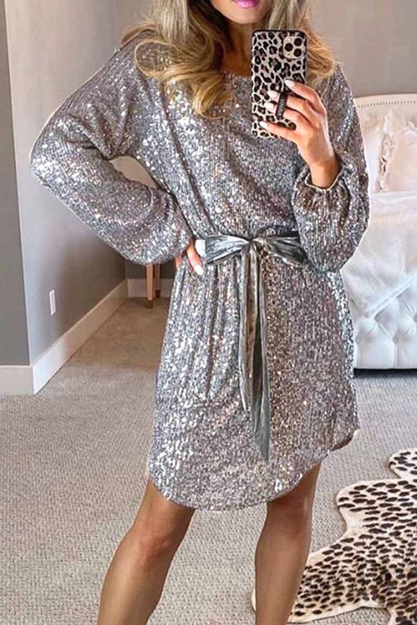 Round Neck Lamp Basket Sleeve Sequins Mini Dress