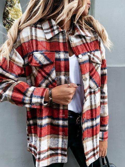 Plaid Long Sleeve Pocket Desgin Coat