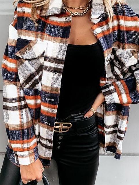 Plaid Long Sleeve Pocket Desgin Coat