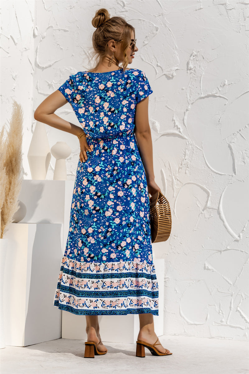 Short Sleeve V Neck Floral Maxi Dress