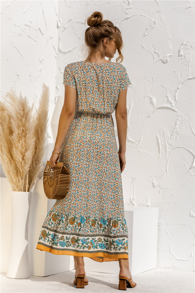 Short Sleeve V Neck Floral Maxi Dress