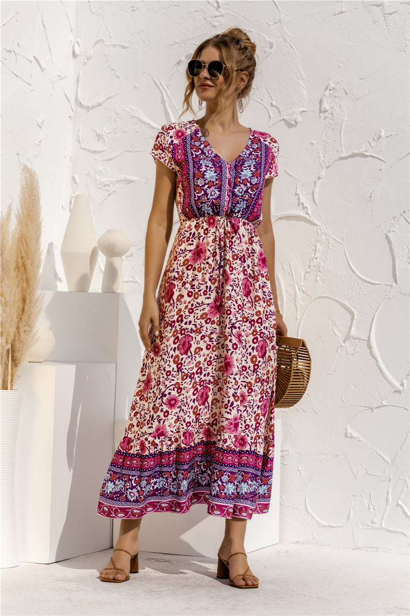 Short Sleeve V Neck Floral Maxi Dress