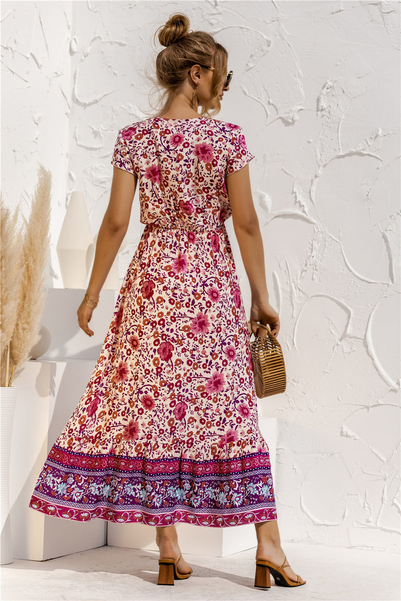 Short Sleeve V Neck Floral Maxi Dress