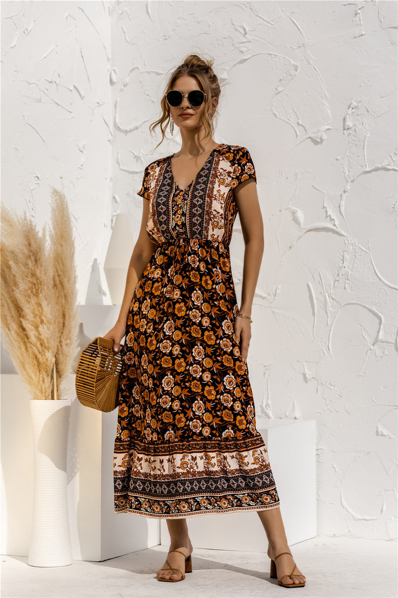 Short Sleeve V Neck Floral Maxi Dress