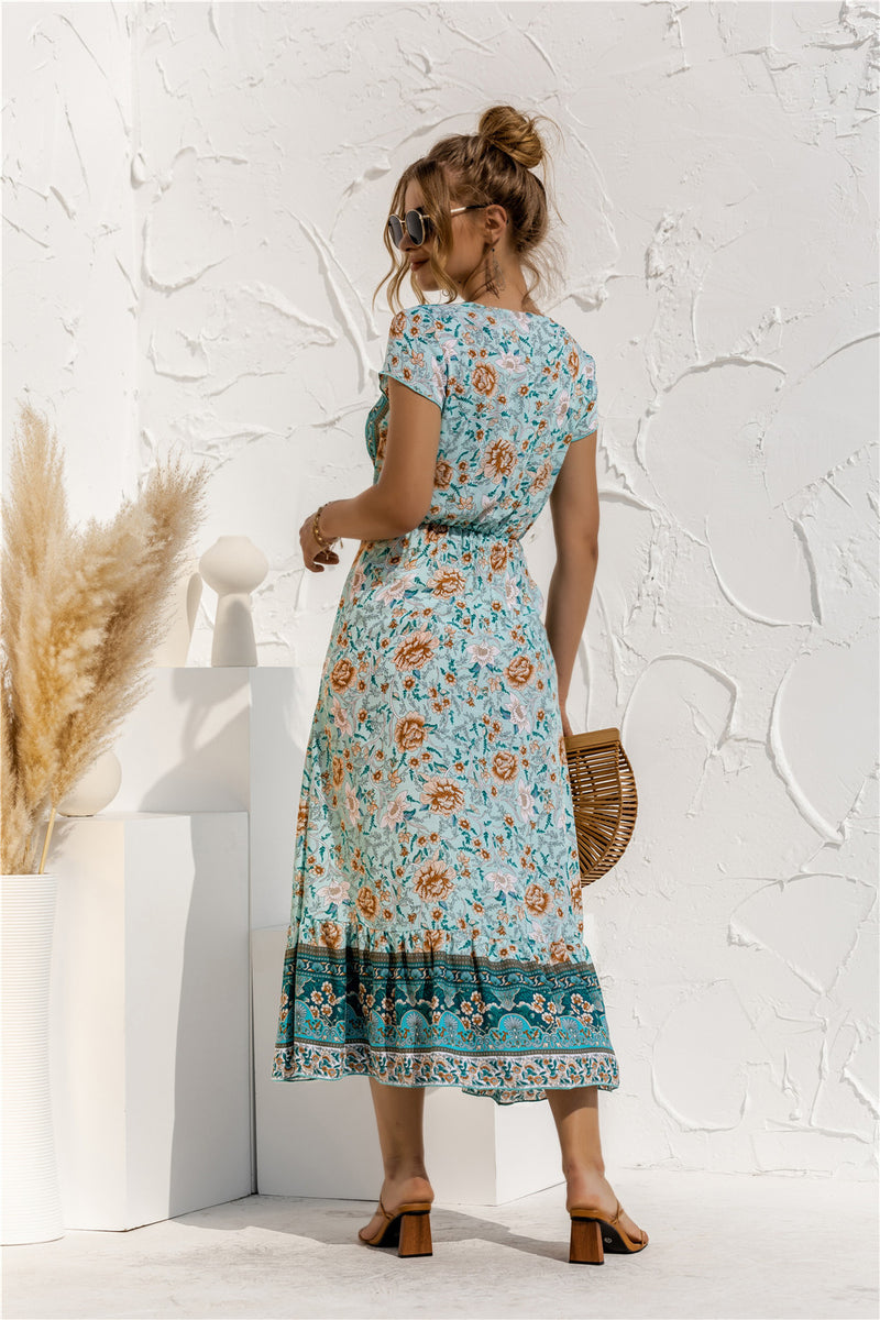 Short Sleeve V Neck Floral Maxi Dress