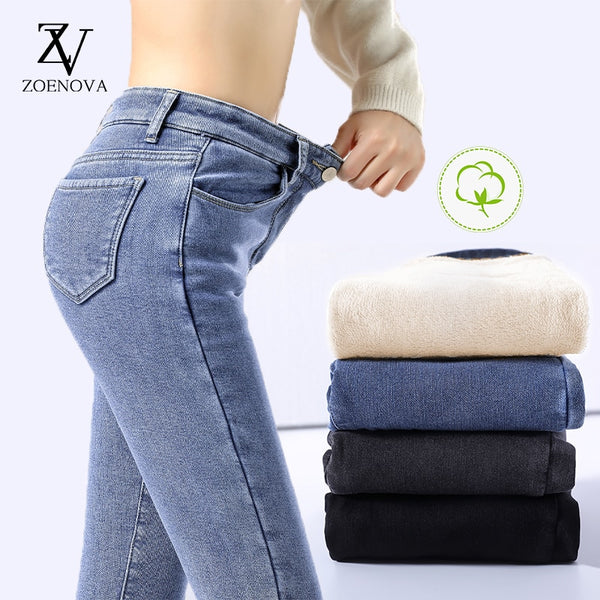 ZOENOVA Winter Thick Velvet Women High Waist Skinny Jeans Simple Fleece Warm Slim Fit Stretch Ladies Casual Denim Pencil Pants