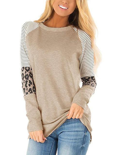 Long Sleeve Striped Leopard Stitching Tops