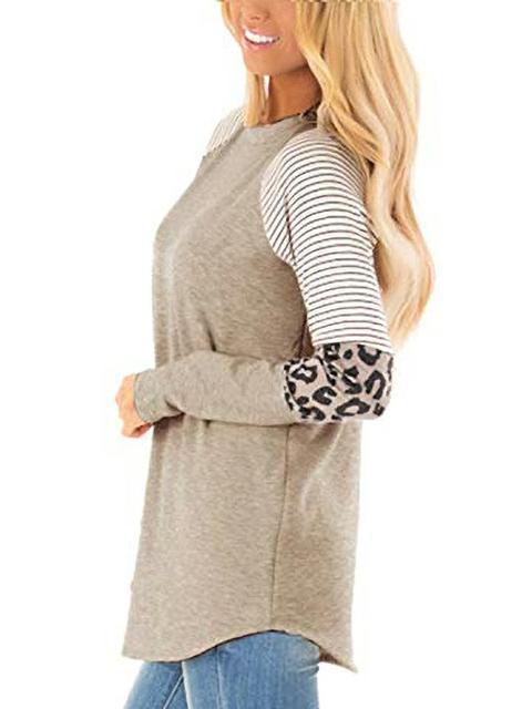 Long Sleeve Striped Leopard Stitching Tops