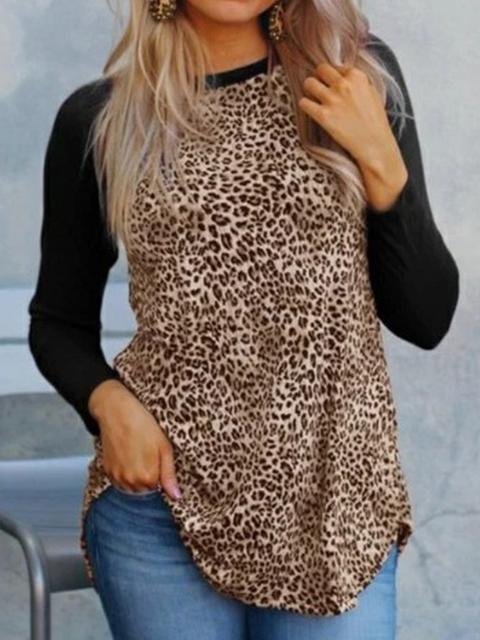 Leopard Patchwork Hem Irregular Top