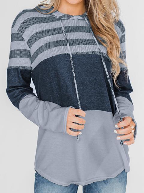 Striped Color Block Drawstring Casual Sweatshirt Hoodie