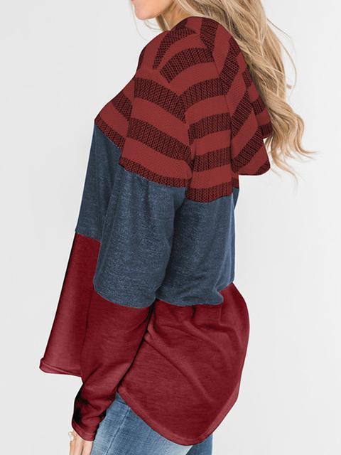 Striped Color Block Drawstring Casual Sweatshirt Hoodie