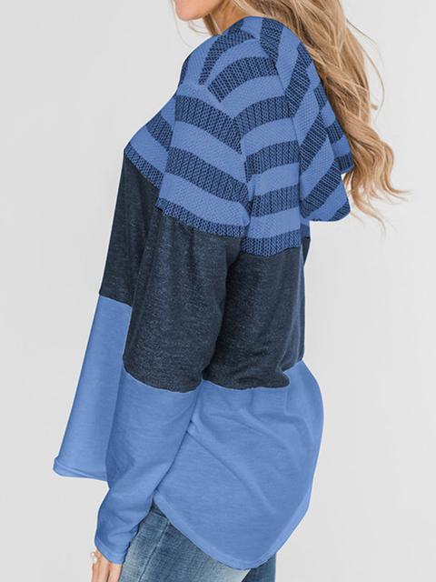 Striped Color Block Drawstring Casual Sweatshirt Hoodie