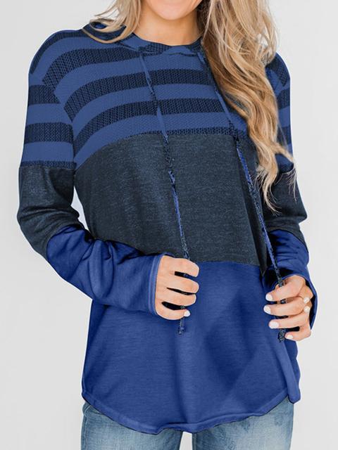 Striped Color Block Drawstring Casual Sweatshirt Hoodie