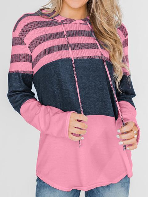 Striped Color Block Drawstring Casual Sweatshirt Hoodie