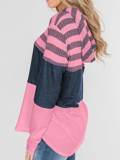 Striped Color Block Drawstring Casual Sweatshirt Hoodie