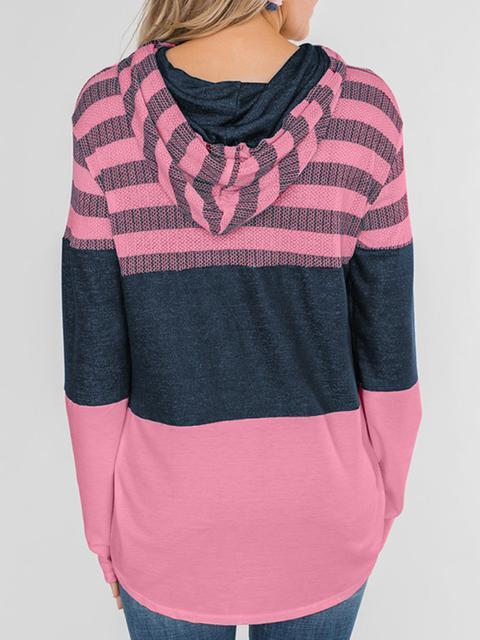 Striped Color Block Drawstring Casual Sweatshirt Hoodie