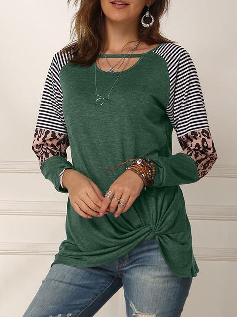 Leopard Print Striped Stitching Knoted T-shirt