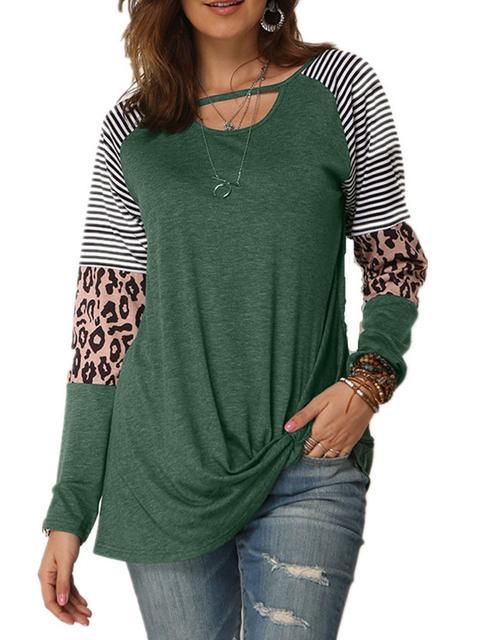 Leopard Print Striped Stitching Knoted T-shirt