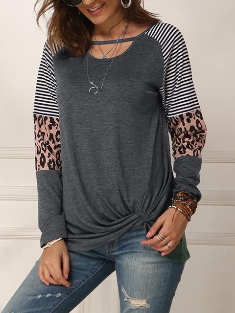 Leopard Print Striped Stitching Knoted T-shirt