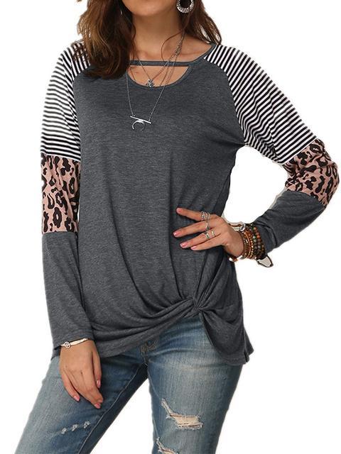 Leopard Print Striped Stitching Knoted T-shirt