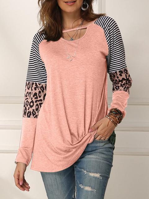 Leopard Print Striped Stitching Knoted T-shirt